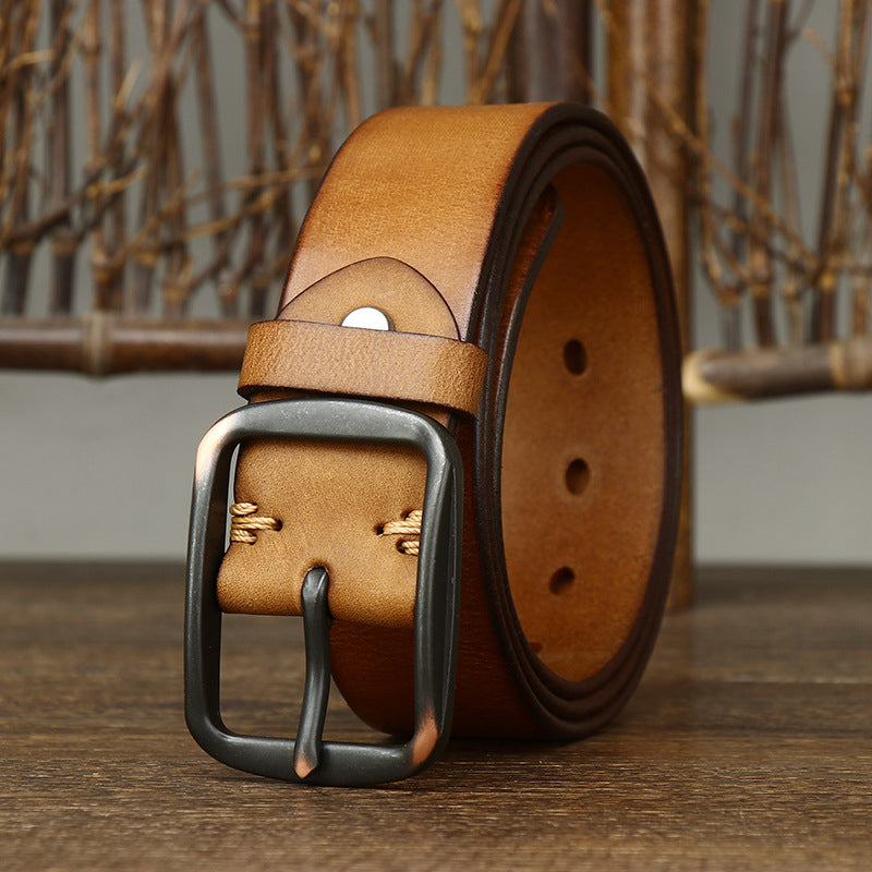 Black / 105 cm Men's Handmade Vintage Pin Buckle Leather Belt - skyjackerz