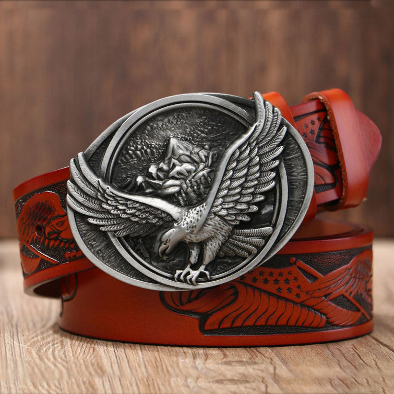 Eagle Buckle - Silver / Red Brown / 105 cm Men's Eagle Embossed Leather Belt - skyjackerz