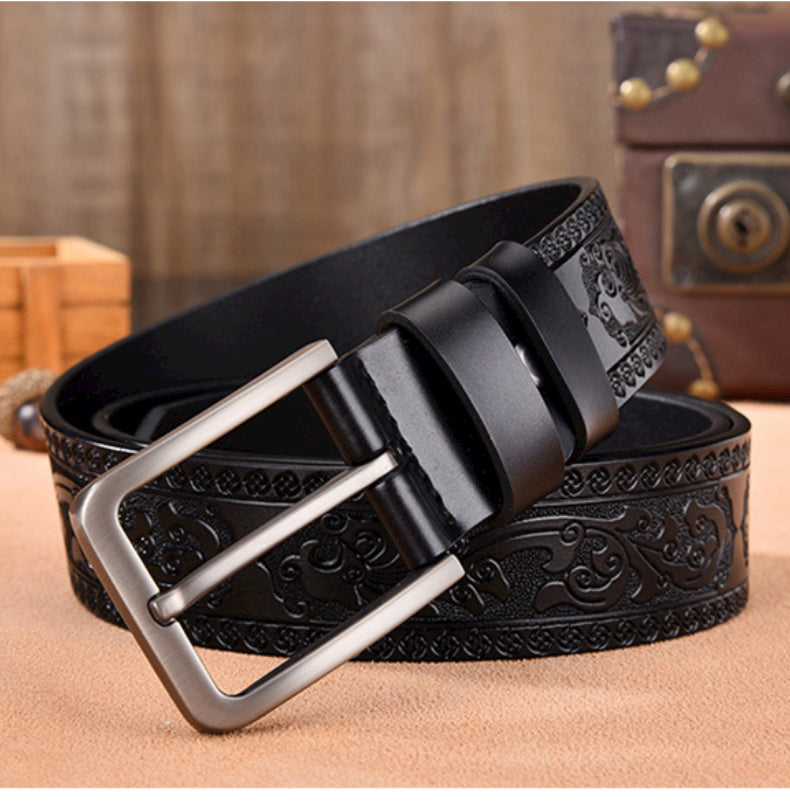 Black / 95 cm Men's Vintage Embossed Leather Belt - skyjackerz