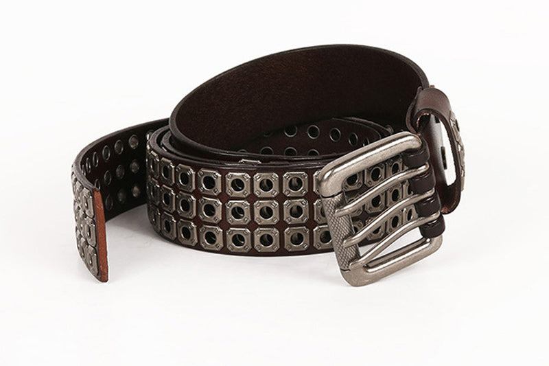 Black / 100 cm Men's Heavy Metal Cowboy Punk Leather Belt - skyjackerz