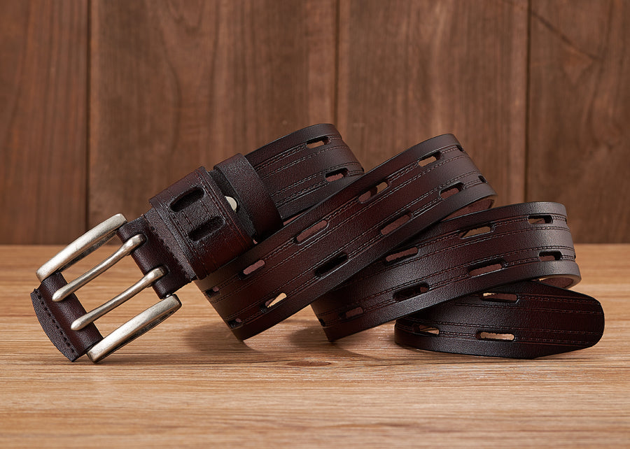 Black - 3.8 cm / 105 cm Men's Fancy Leather Belt with Double Pin Buckle - skyjackerz