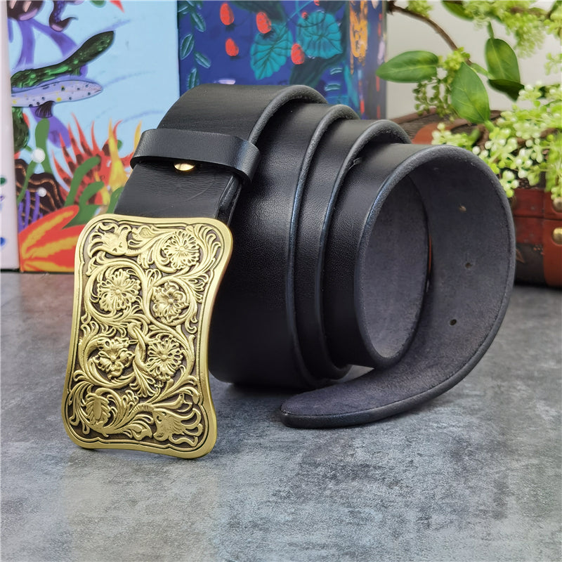 Black / 95 cm Luxury Carved Leather Belt for Men - Floral Design - skyjackerz