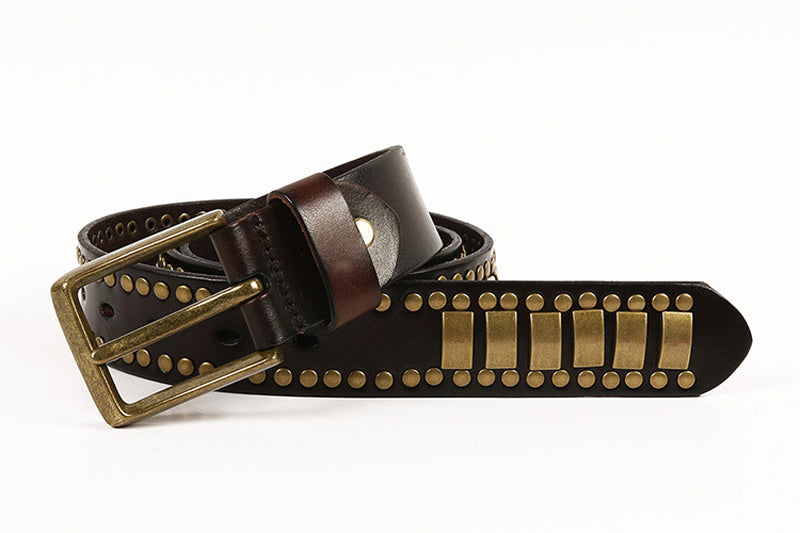 Black / 105 cm Men's Studded Genuine Leather Belt with Rivets - skyjackerz