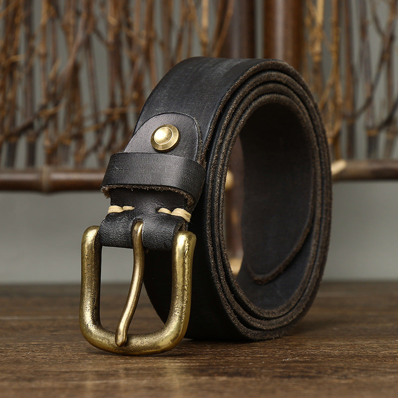 Black / 105 cm Men's Stylish Brass Buckle Leather Waistband - skyjackerz