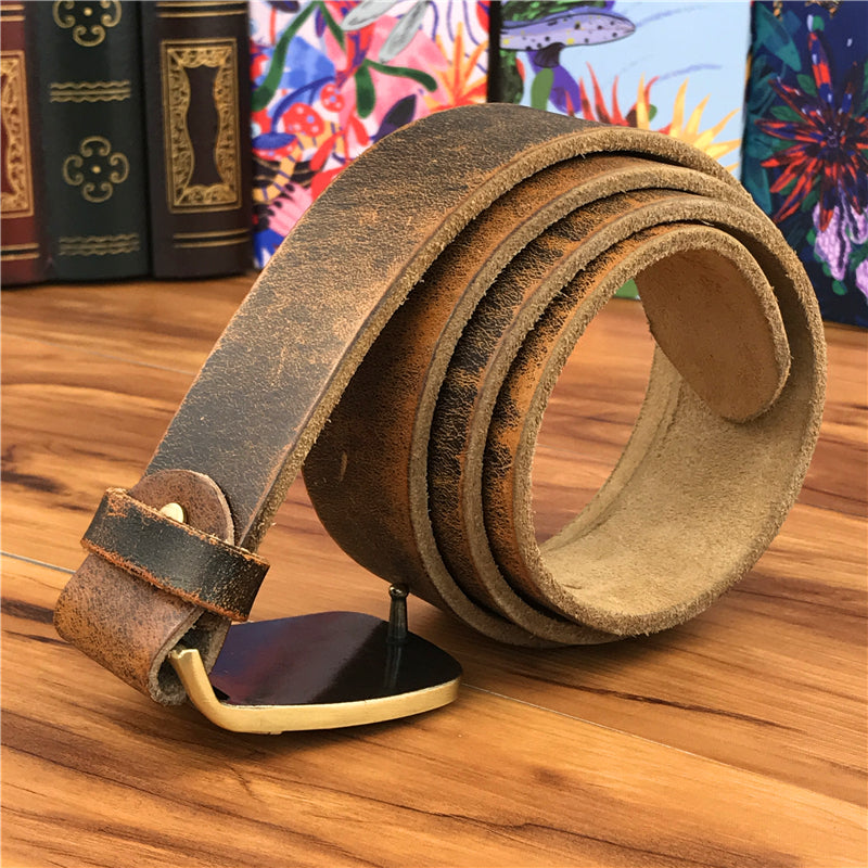 Yellow Brown / 95 cm Men's Brass Buckle Leather Belt - Monkey King Design - skyjackerz