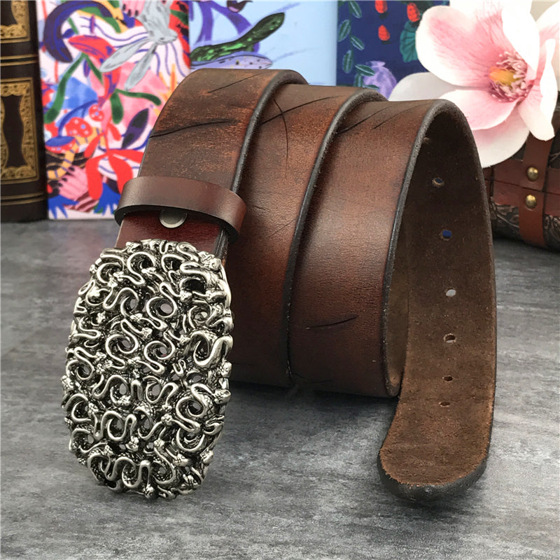 Brown / 95 cm Men's Retro Snake Buckle Thick Leather Belt - skyjackerz