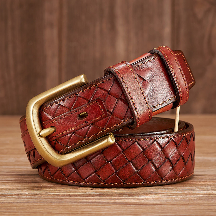 Camel / 100 cm Men's Braided Woven Leather Belt - Cowboy Style - skyjackerz