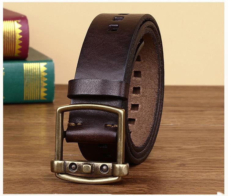 Reddish Brown / 105 cm Men's Vintage Brass Buckle Leather Belt - skyjackerz