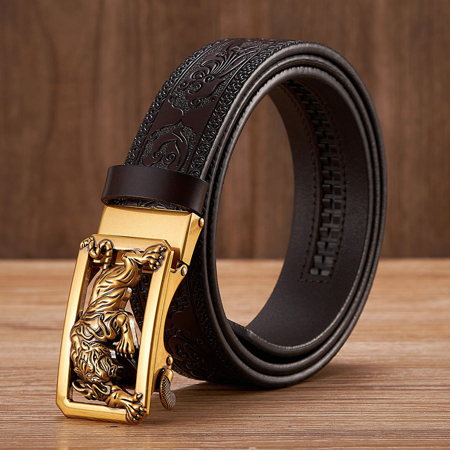 Gold - Coffee / 100 cm Tiger Design Automatic Embossed Leather Belt for Men - skyjackerz