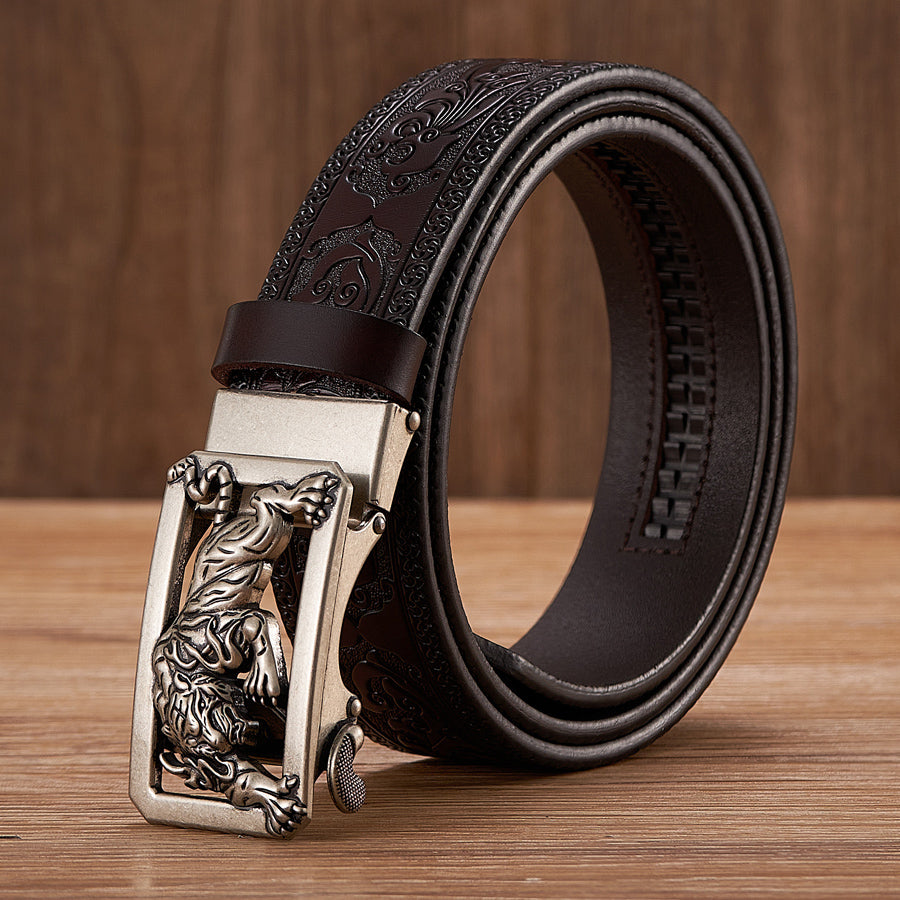 Silver- Coffee / 100 cm Tiger Design Automatic Embossed Leather Belt for Men - skyjackerz