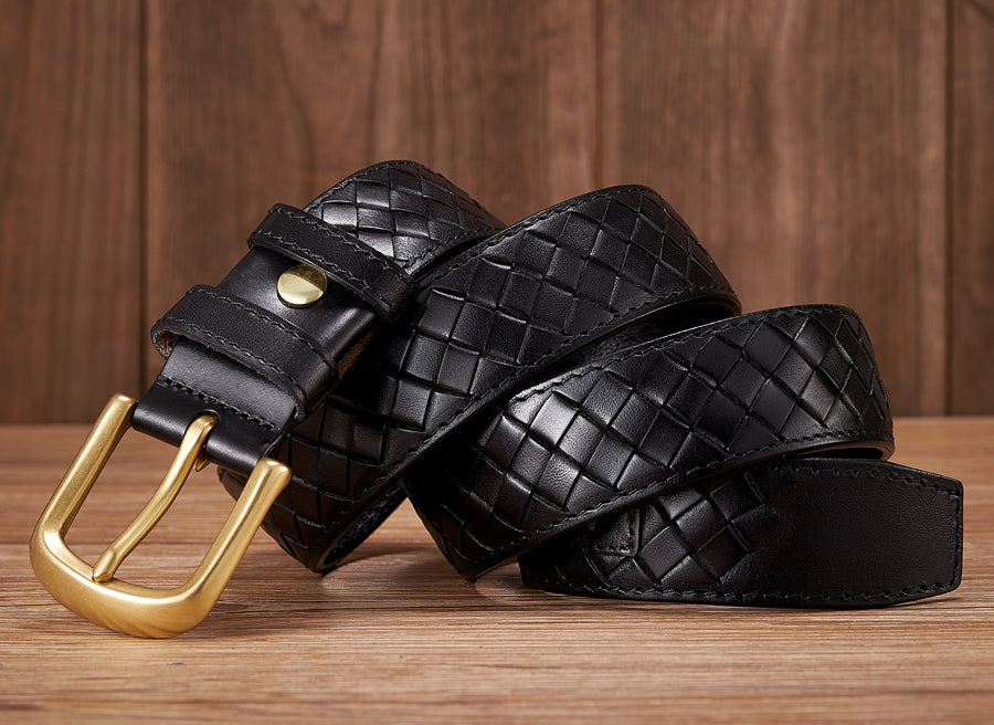 Black / 100 cm Men's Braided Woven Leather Belt - Cowboy Style - skyjackerz