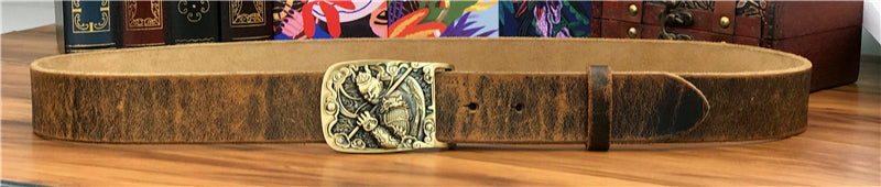 Yellow Brown / 95 cm Men's Brass Buckle Leather Belt - Monkey King Design - skyjackerz