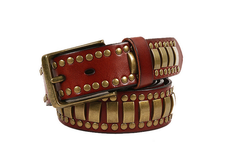 Black / 105 cm Men's Studded Genuine Leather Belt with Rivets - skyjackerz