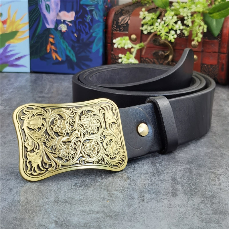 Yellow Brown / 95 cm Luxury Carved Leather Belt for Men - Floral Design - skyjackerz