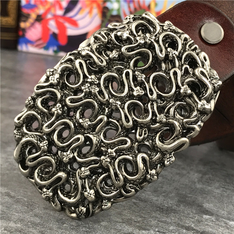 Brown / 95 cm Men's Retro Snake Buckle Thick Leather Belt - skyjackerz