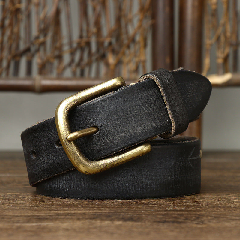 Black / 105 cm Men's Stylish Brass Buckle Leather Waistband - skyjackerz