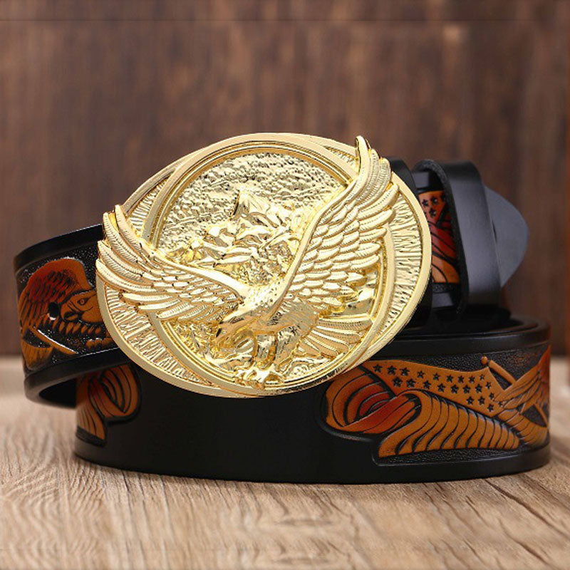 Eagle Buckle - Gold / Black / 105 cm Men's Eagle Embossed Leather Belt - skyjackerz