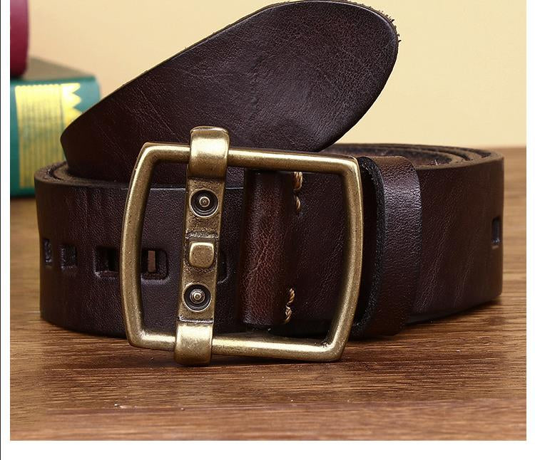 Reddish Brown / 105 cm Men's Vintage Brass Buckle Leather Belt - skyjackerz