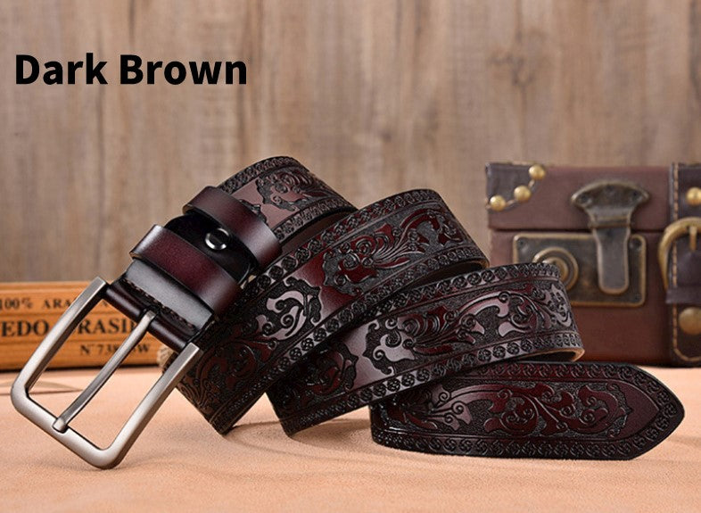 Black / 95 cm Men's Vintage Embossed Leather Belt - skyjackerz