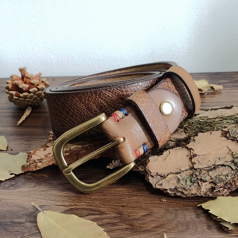 Khaki / 100 cm Men's Serpentine Strap Pin Buckle Leather Belt - skyjackerz