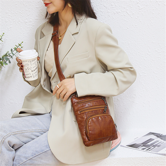 Brown Women's Leather Shoulder Bag - Multi-Pockets Casual Handbag - skyjackerz