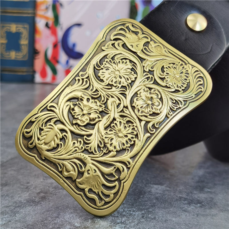 Yellow Brown / 95 cm Luxury Carved Leather Belt for Men - Floral Design - skyjackerz