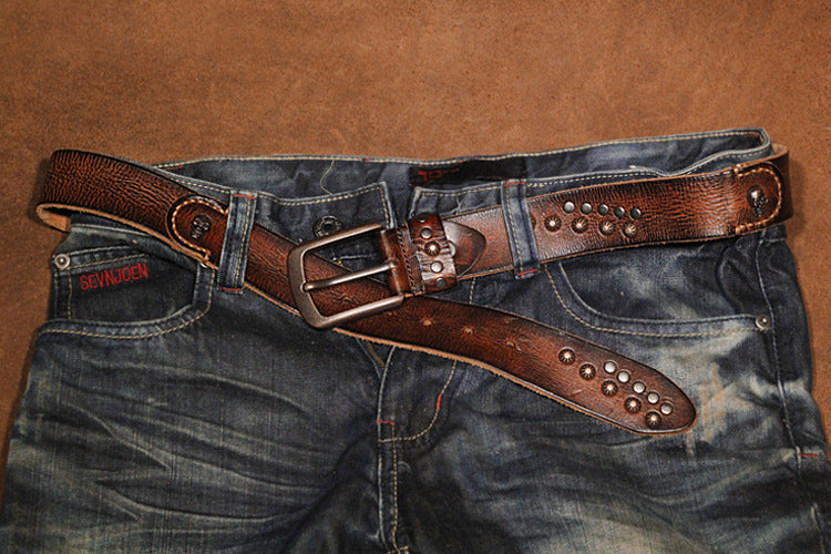 Brown / 105 cm Punk Style Men's Pin Buckle Leather Belt - skyjackerz