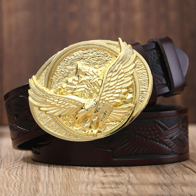 Eagle Buckle - Gold / Coffee / 105 cm Men's Eagle Embossed Leather Belt - skyjackerz