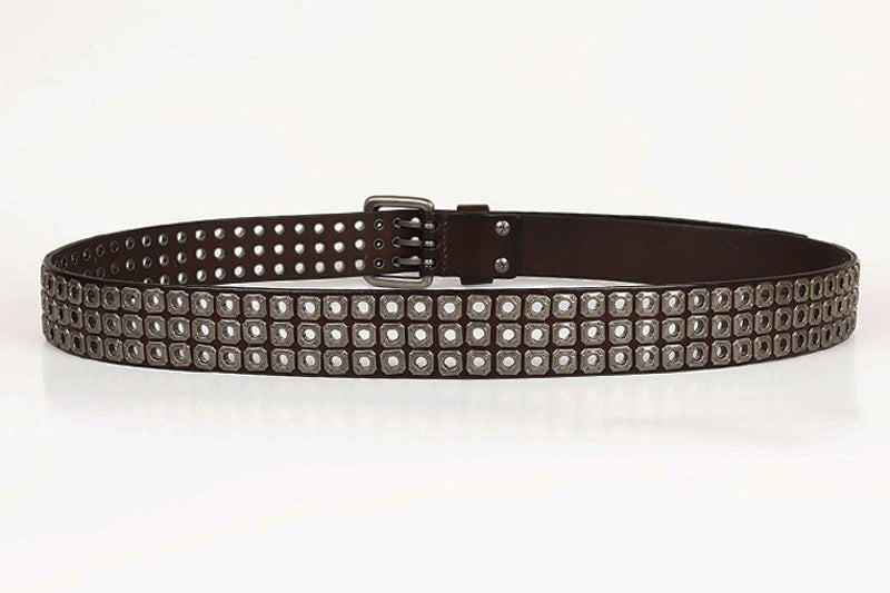 Black / 100 cm Men's Heavy Metal Cowboy Punk Leather Belt - skyjackerz