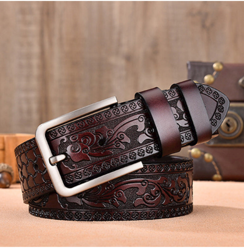 Black / 95 cm Men's Vintage Embossed Leather Belt - skyjackerz