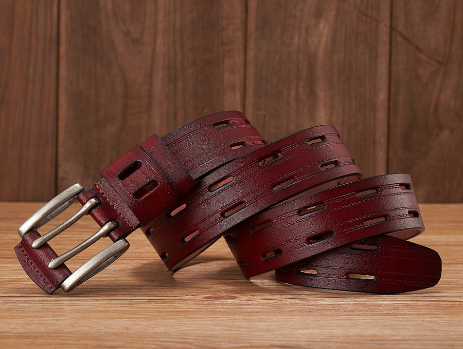 Black - 3.8 cm / 105 cm Men's Fancy Leather Belt with Double Pin Buckle - skyjackerz