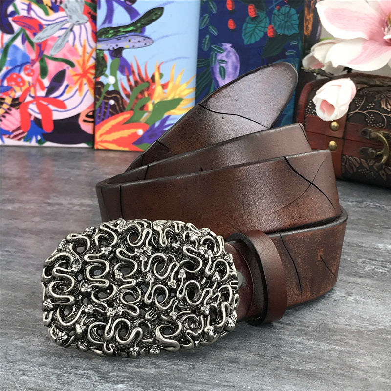 Brown / 95 cm Men's Retro Snake Buckle Thick Leather Belt - skyjackerz