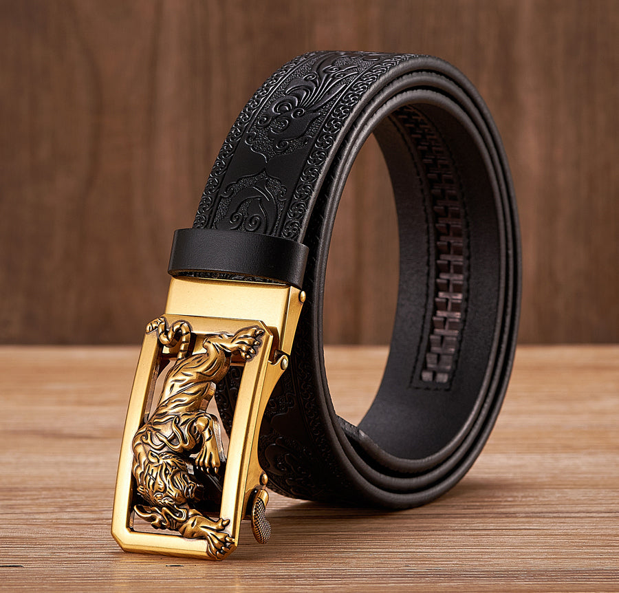 Gold - Black / 100 cm Tiger Design Automatic Embossed Leather Belt for Men - skyjackerz