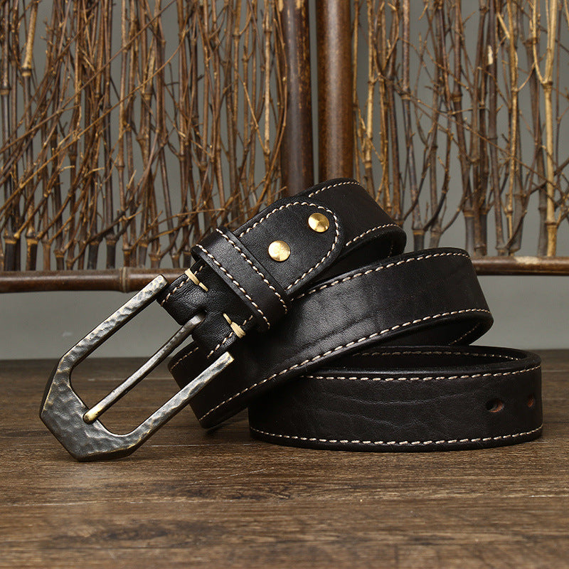 Redish Brown / 105 cm Men's Thick Buckle Genuine Leather Belt - skyjackerz