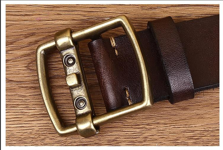 Reddish Brown / 105 cm Men's Vintage Brass Buckle Leather Belt - skyjackerz