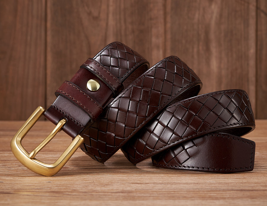 Black / 100 cm Men's Braided Woven Leather Belt - Cowboy Style - skyjackerz
