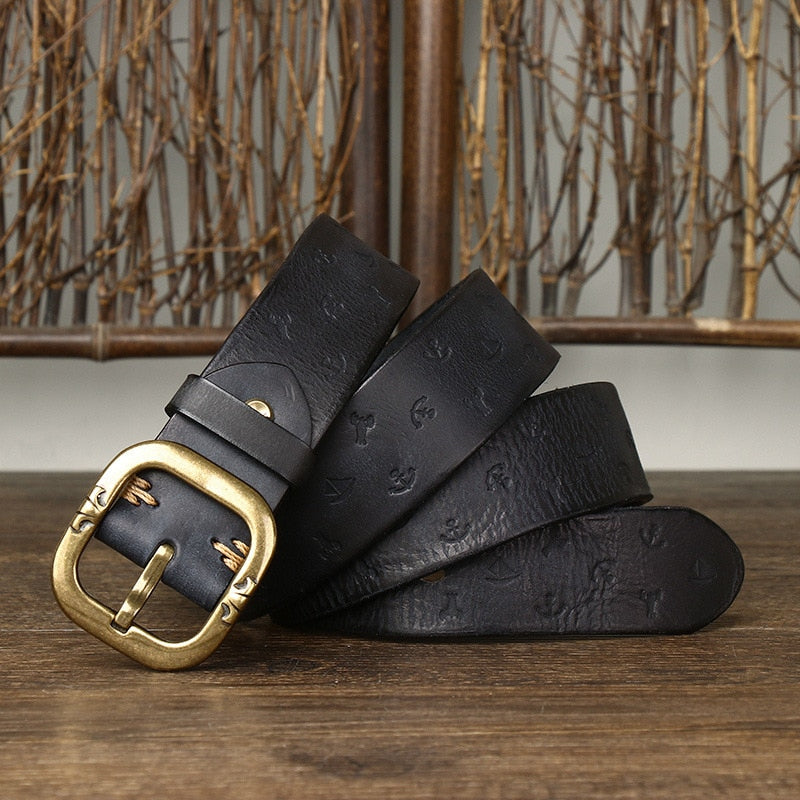 Brown / 105 cm Men's Embossed Designer Genuine Leather Belt - skyjackerz