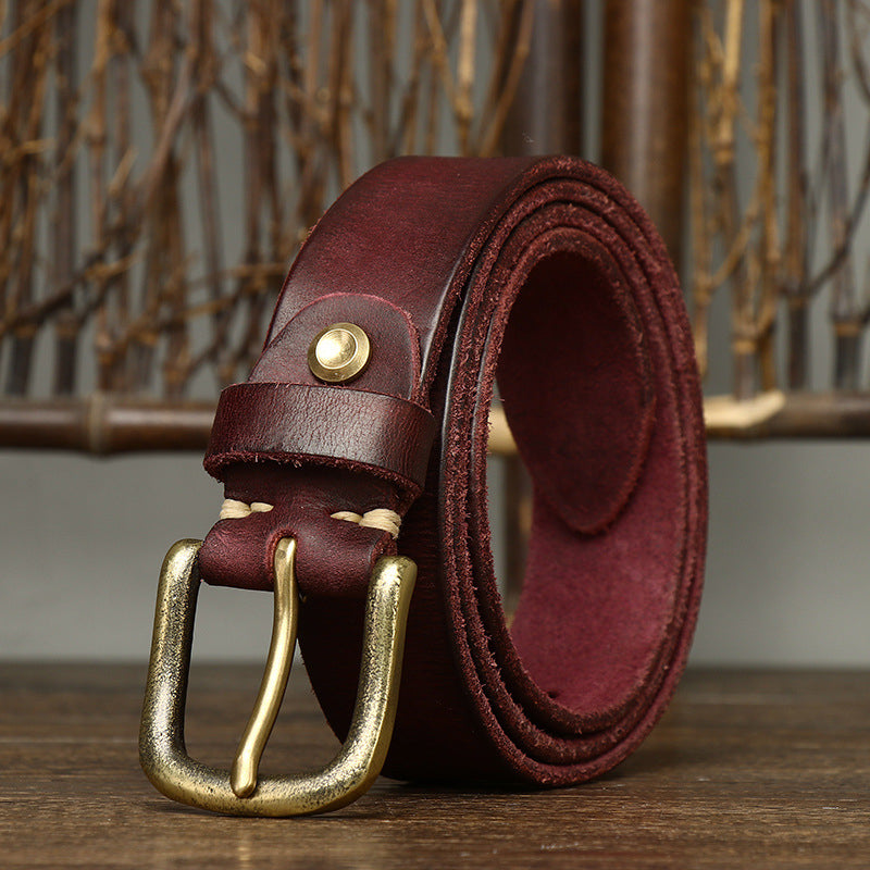 Black / 105 cm Men's Stylish Brass Buckle Leather Waistband - skyjackerz
