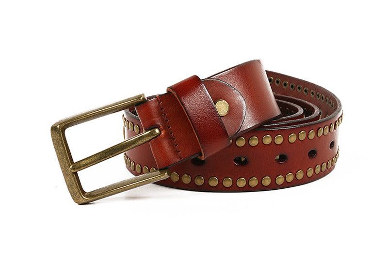 Black / 105 cm Men's Studded Genuine Leather Belt with Rivets - skyjackerz