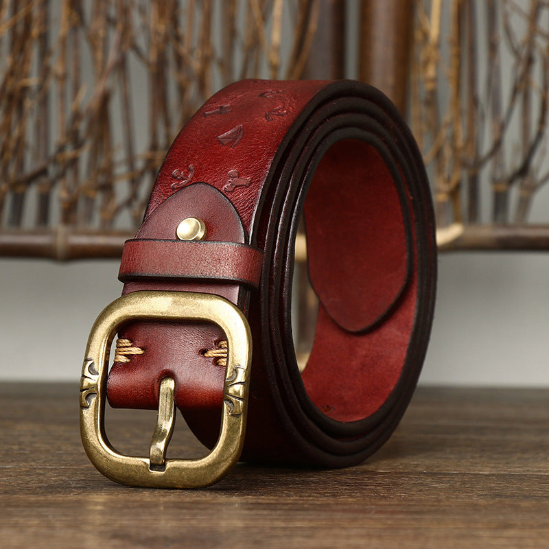 Brown / 105 cm Men's Embossed Designer Genuine Leather Belt - skyjackerz