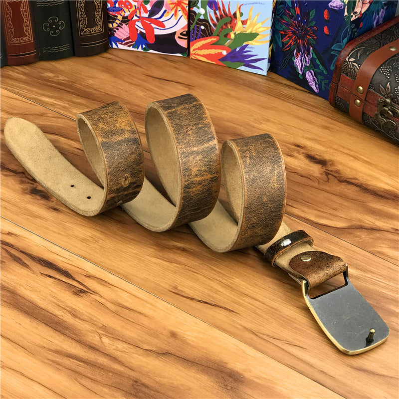 Yellow Brown / 95 cm Men's Brass Buckle Leather Belt - Monkey King Design - skyjackerz