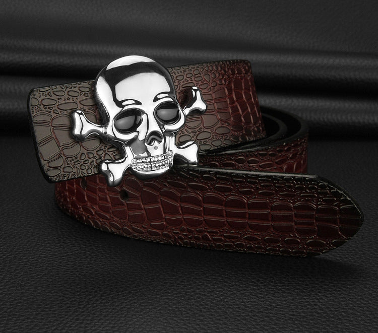 Gold - Black / 105 cm Men's Designer Skull Buckle Genuine Leather Belt - skyjackerz