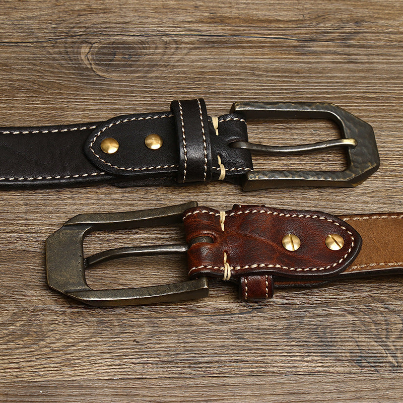 Redish Brown / 105 cm Men's Thick Buckle Genuine Leather Belt - skyjackerz