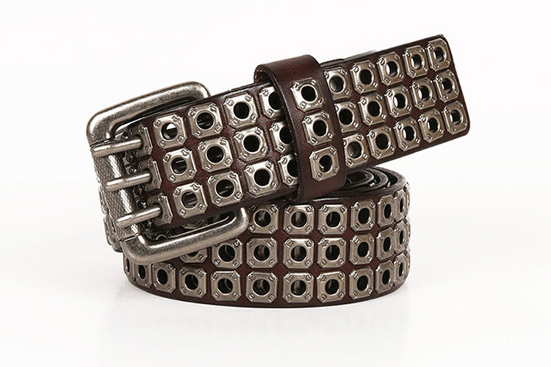 Black / 100 cm Men's Heavy Metal Cowboy Punk Leather Belt - skyjackerz