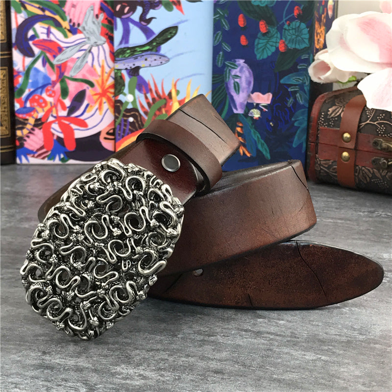 Brown / 95 cm Men's Retro Snake Buckle Thick Leather Belt - skyjackerz
