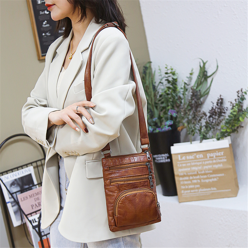 Brown Women's Leather Shoulder Bag - Multi-Pockets Casual Handbag - skyjackerz