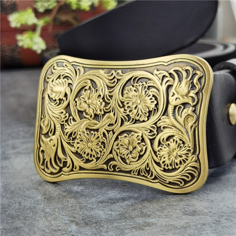 Yellow Brown / 95 cm Luxury Carved Leather Belt for Men - Floral Design - skyjackerz