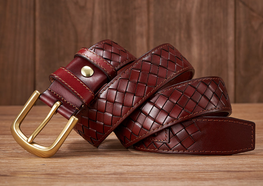 Black / 100 cm Men's Braided Woven Leather Belt - Cowboy Style - skyjackerz