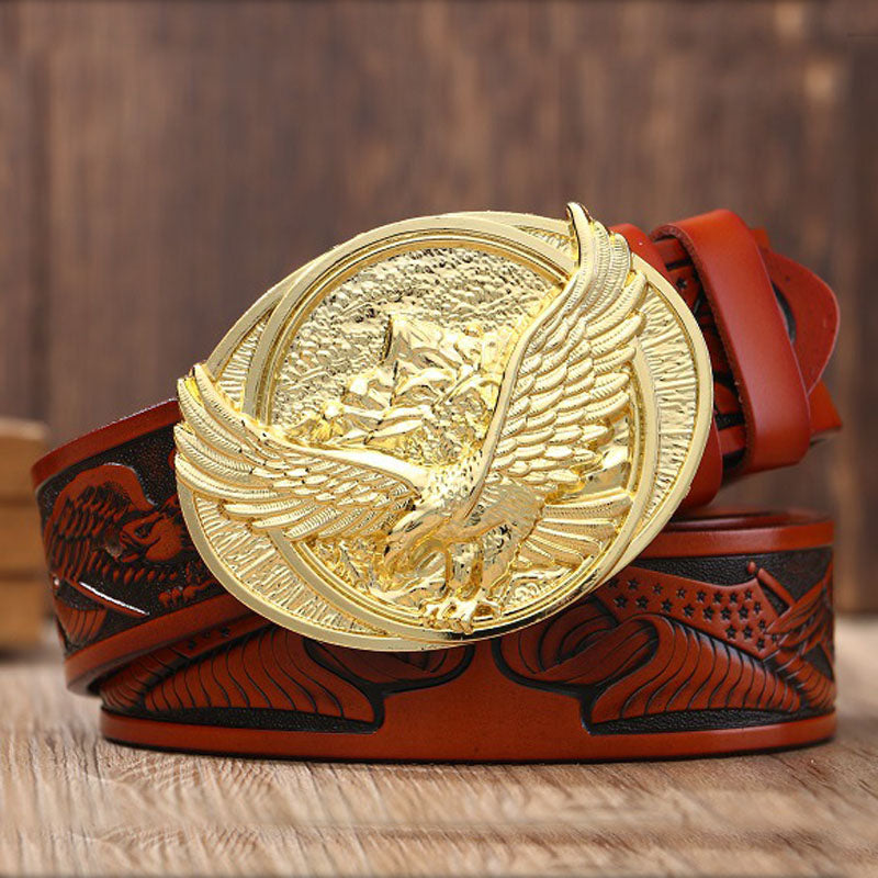 Eagle Buckle - Gold / Red Brown / 105 cm Men's Eagle Embossed Leather Belt - skyjackerz