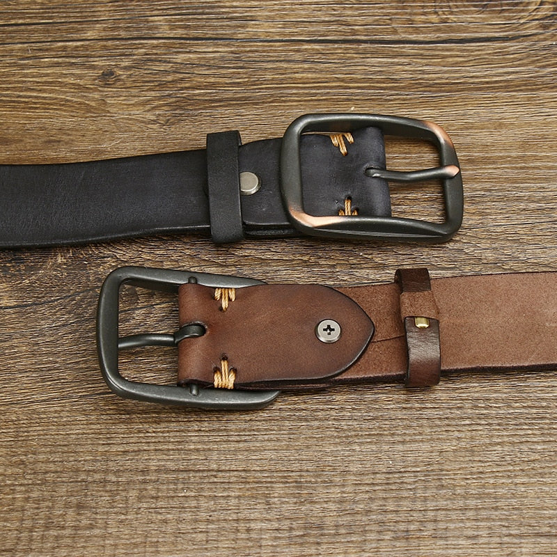 Black / 105 cm Men's Handmade Vintage Pin Buckle Leather Belt - skyjackerz
